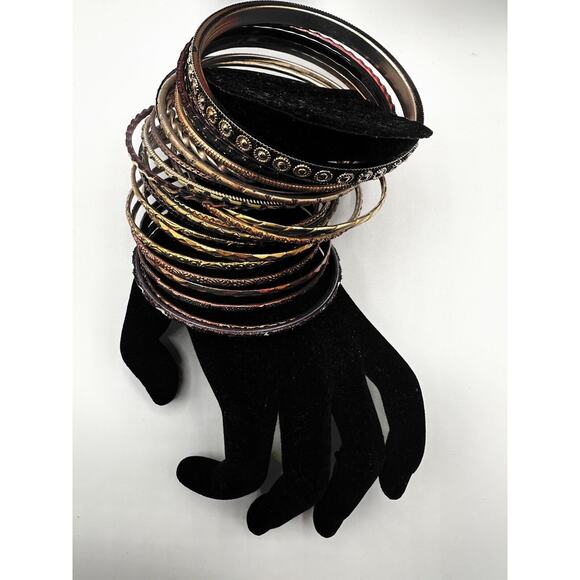 31 Boho Chic mixed metal gold & brown colored stack bangle bracelets, J-01-68 - Picture 8 of 13